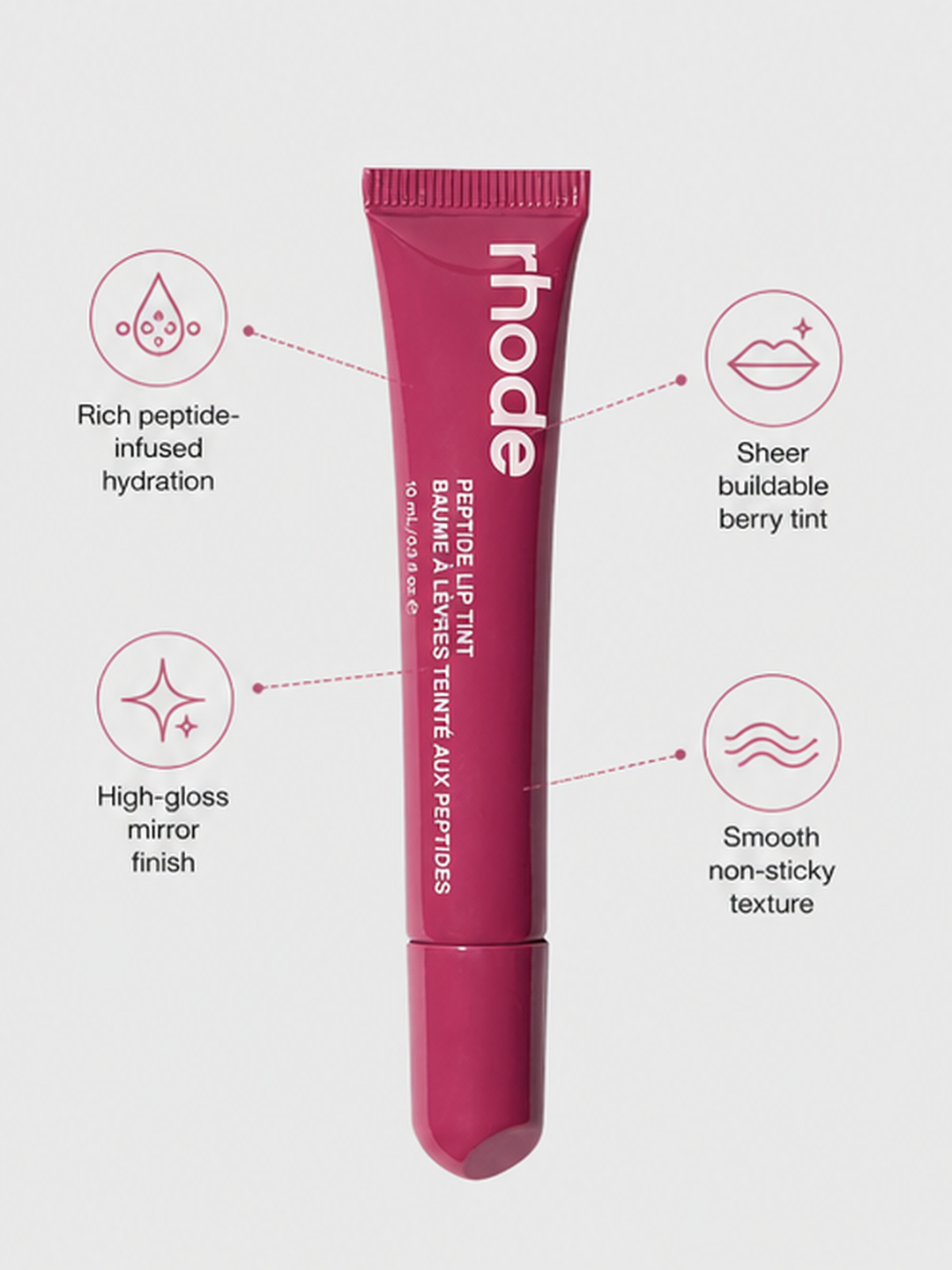 Generated rhode lip tint benefits image with four English selling points and accompanying icons