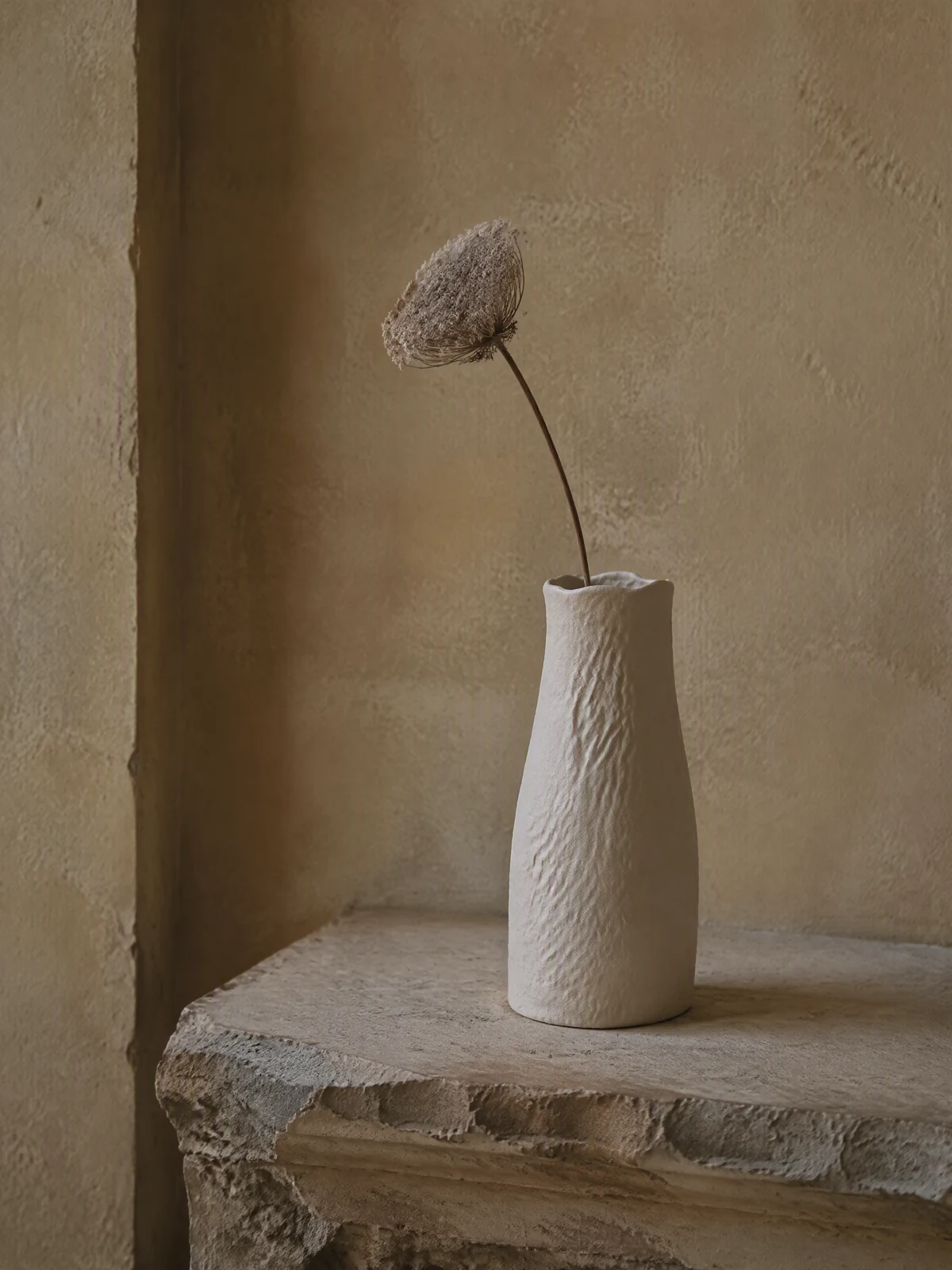 Generated vase still life against a warm plaster wall
